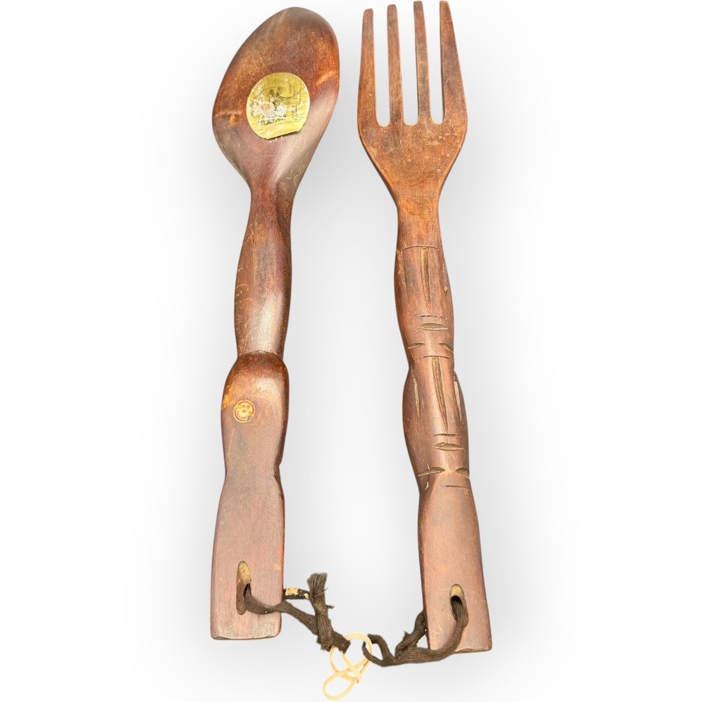 Vtg Kitsch Monkey Pod Wood Giant Fork and Spoon Wall Decor Tiki Hand Carved 19"